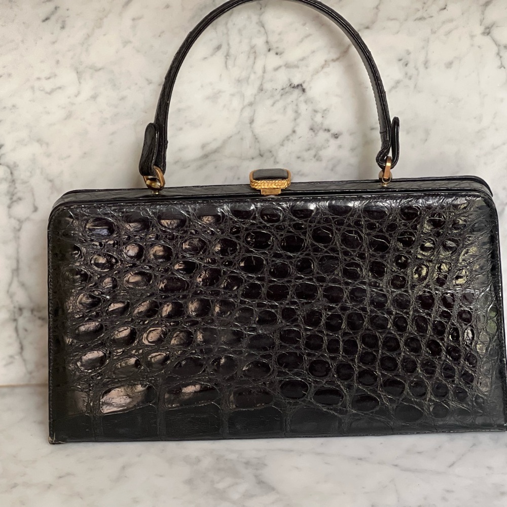 Elegant Black Crocodile Leather Handbag